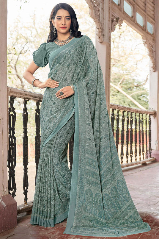 Sea Green Color Printed Chiffon Fabric Daily Wear Saree