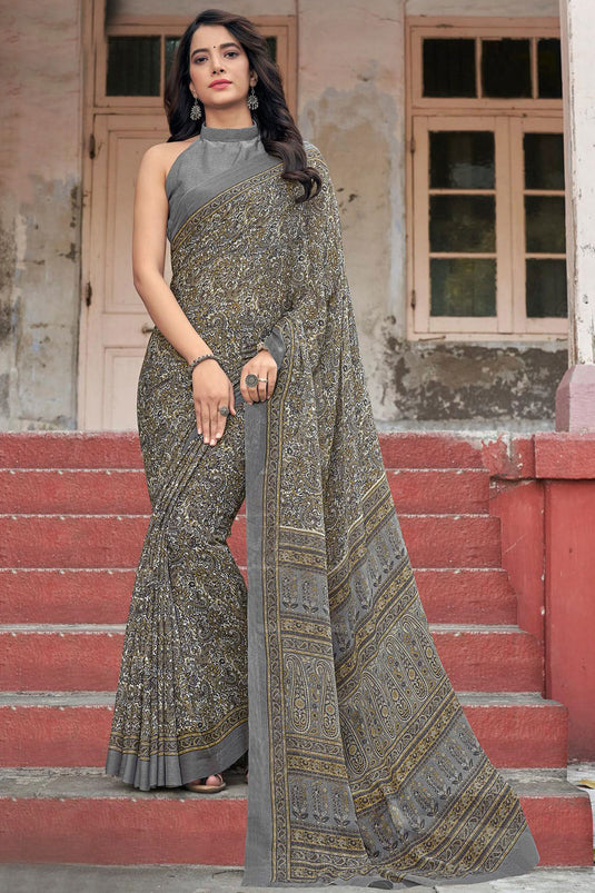 Chiffon Fabric Casual Grey Color Printed Saree