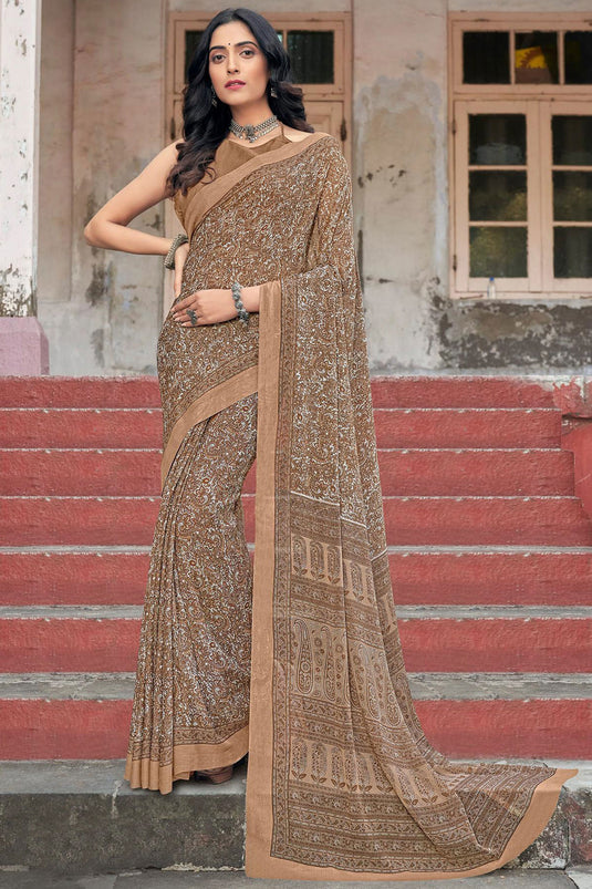 Brown Color Daily Wear Printed Saree In Chiffon Fabric