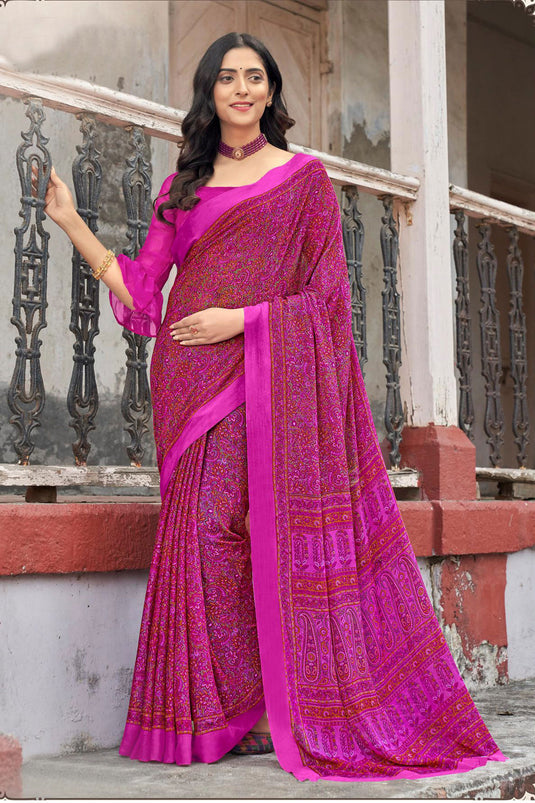Pink Color Chiffon Fabric Beauteous Casual Abstract Printed Saree