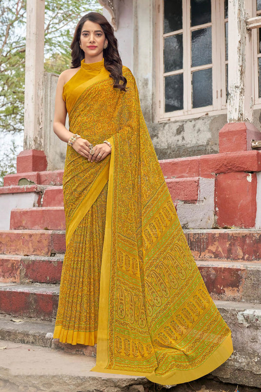 Chiffon Fabric Yellow Color Casual Look Winsome Abstract Printed Saree