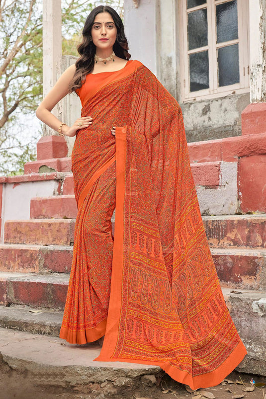 Orange Color Chiffon Fabric Casual Tempting Abstract Printed Saree