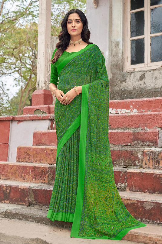 Casual Green Color Inventive Abstract Printed Saree In Chiffon Fabric