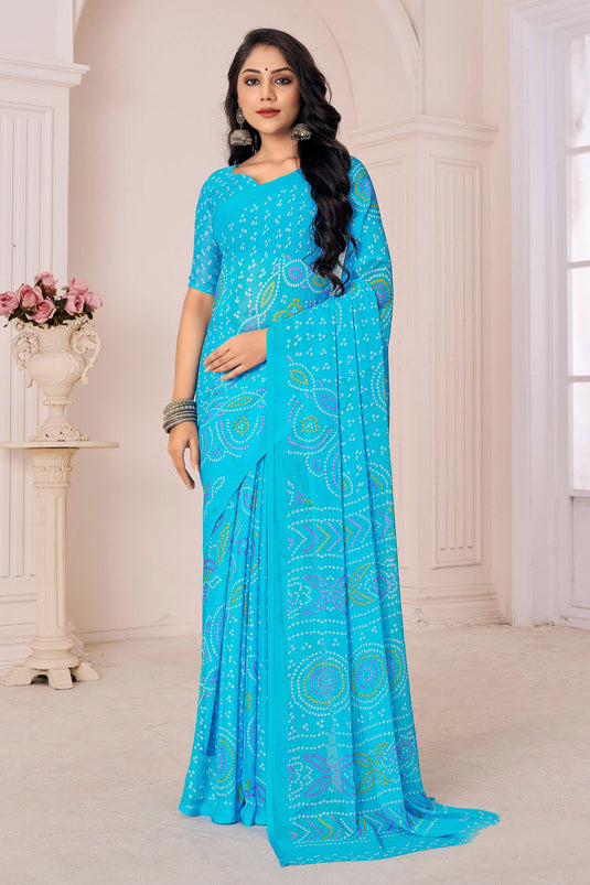 Casual Look Wondrous Chiffon Fabric Printed Saree In Sky Blue Color
