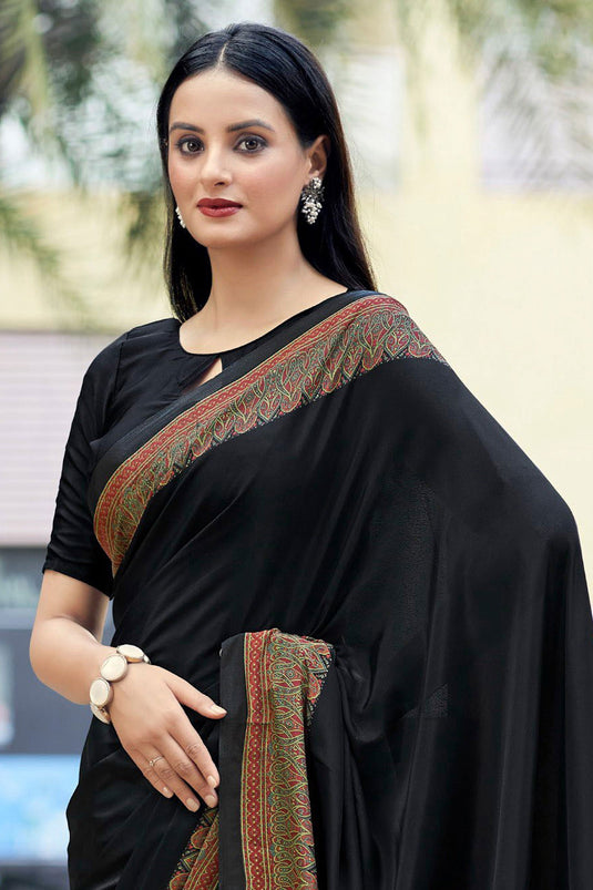 Charming Black Color Crepe Silk Fabric Casual Saree With Border Work