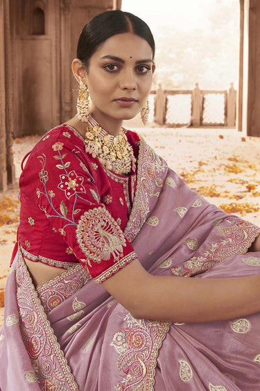 Amazing Embroidered Work On Purple Color Tissue Silk Saree