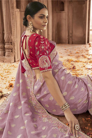 Amazing Embroidered Work On Purple Color Tissue Silk Saree