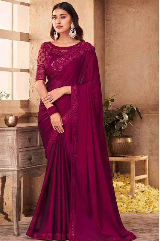 Embroidered Work Wine Color Georgette Fabric Supreme Party Wear Saree