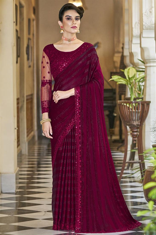 Sequins Work Chiffon Fabric Maroon Color Enticing Party Style Saree