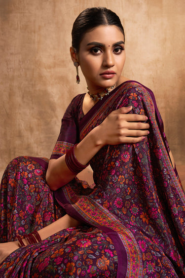 Purple Color Crepe Silk Fabric Daily Wear Printed Saree