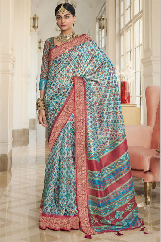 Art Silk Ceremonial Contemporary Sky Blue Saree