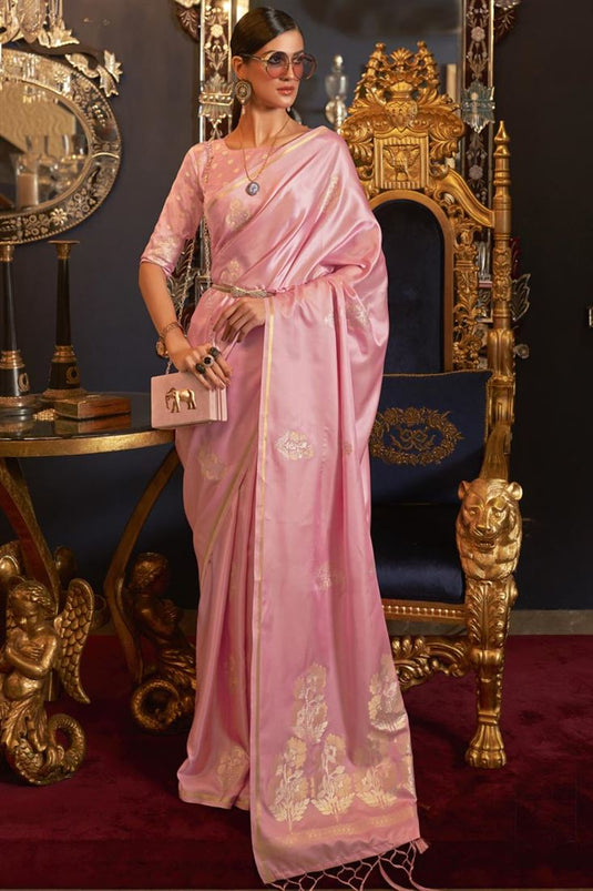 Dazzling Satin Silk Fabric Weaving Work Pink Wedding Wear Saree