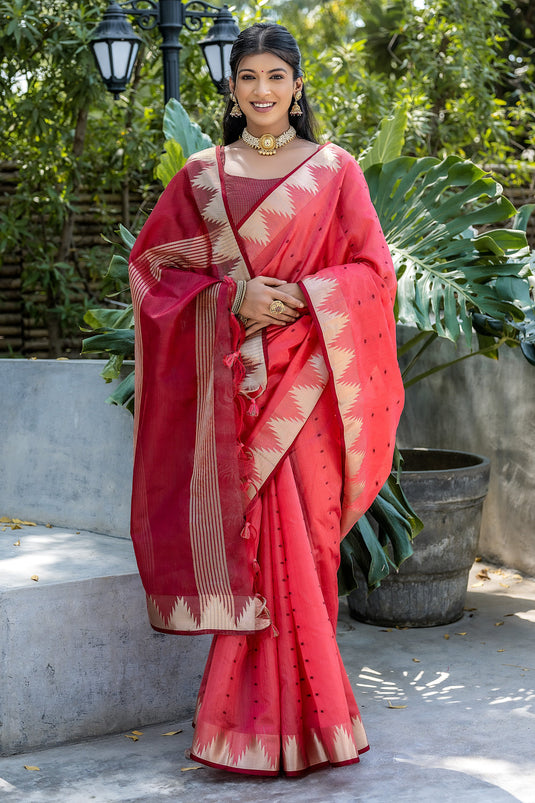 Pink Color Zari Weaving Casual Art Silk Fabric Saree