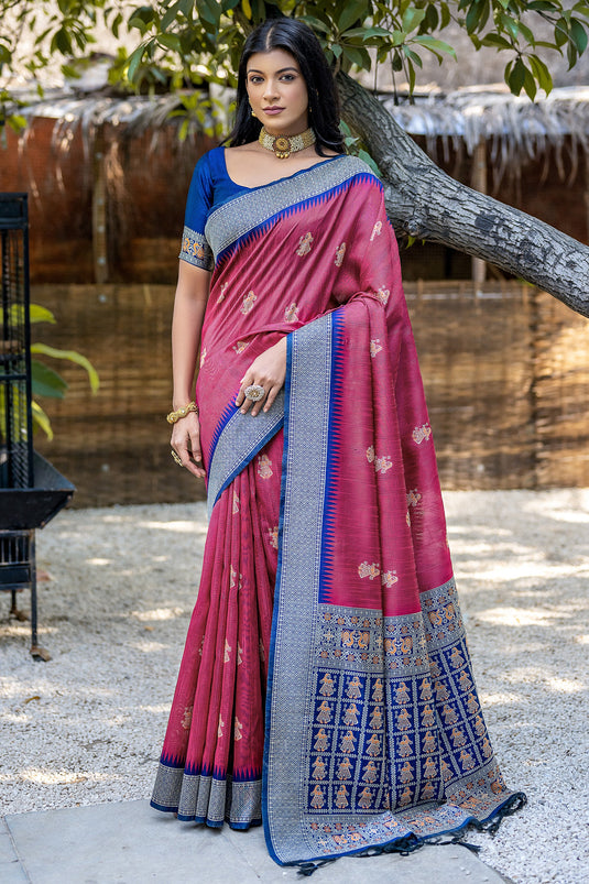 Pink Color Function Wear Trendy Zari Weaving Border Work Saree In Art Silk Fabric