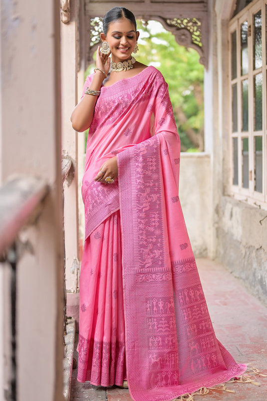 Daily Wear Handloom Art Silk Fabric Pink Woven Border Saree