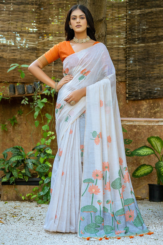 Daily Wear Muga Cotton Fabric Weaving Work Off White Saree