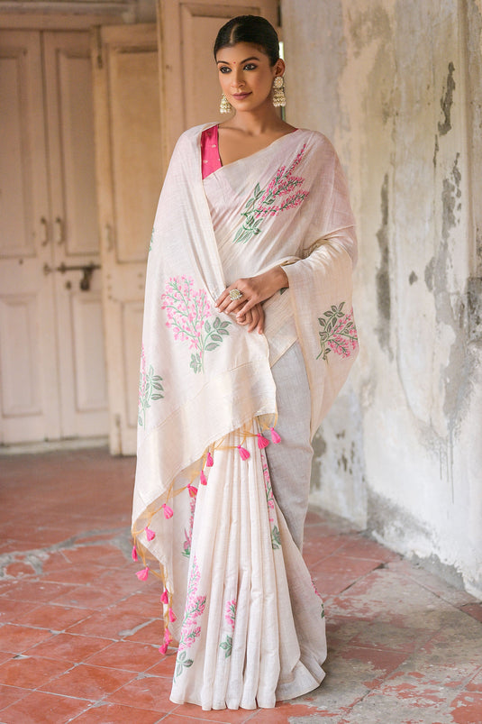 Muga Cotton Fabric Cream Color Weaving Work Saree