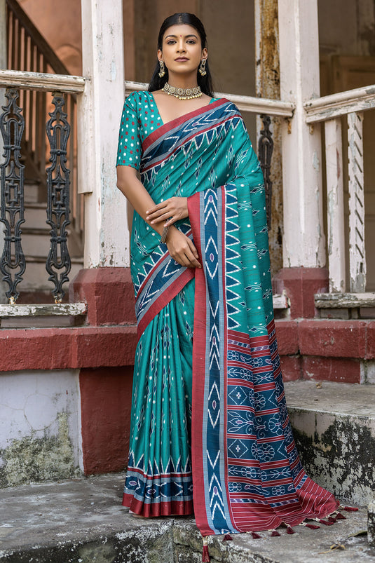 Teal Cotton Silk Fabric Fancy Printed Saree