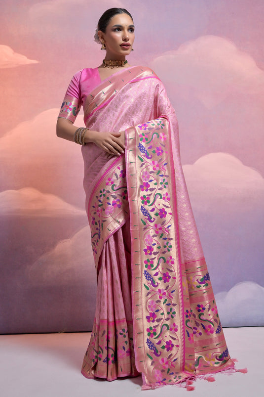 Pink Paithani Silk Meenakari Zari Weaving Border Work Saree