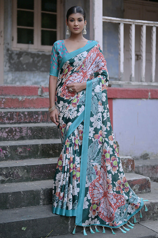 Green Color Exclusive Floral Printed Cotton Silk Fabric Sarees