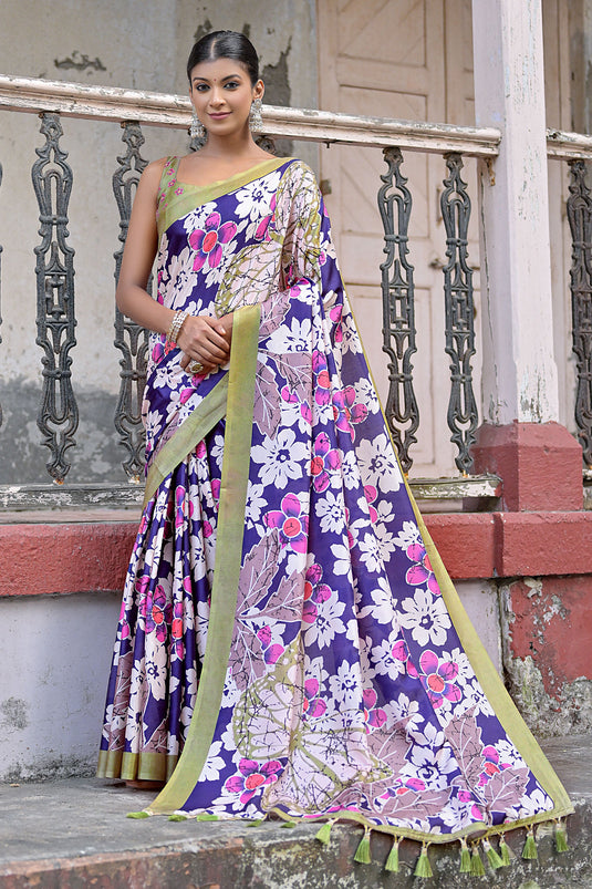 Attractive Blue Color Floral Printed Cotton Silk Fabric Simple Saree