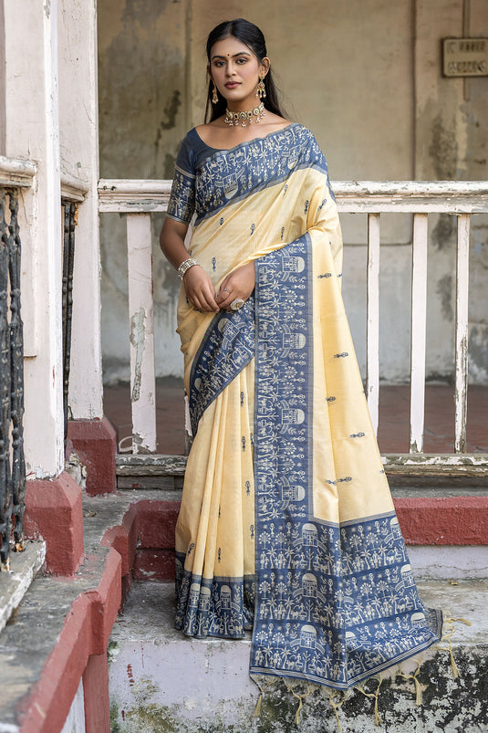 Handloom Raw Silk Woven Border Saree In Beige Color