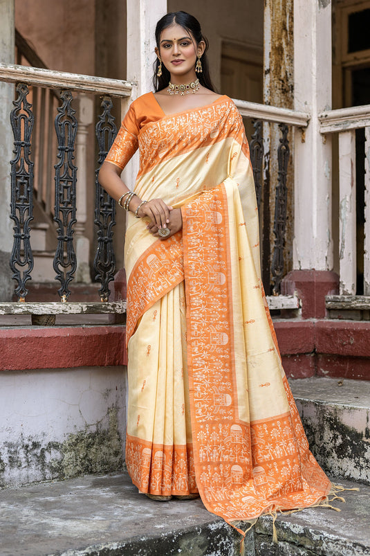 Beige Color Woven Border Daily Wear Handloom Raw Silk Saree