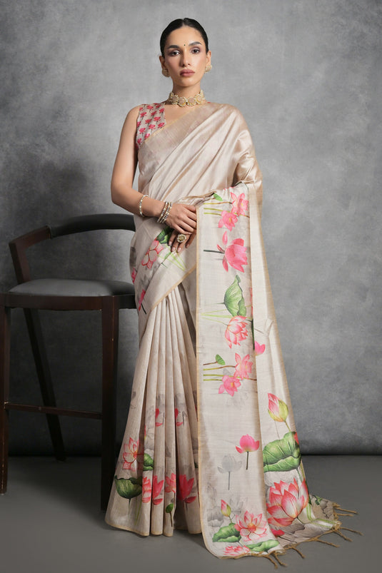 Cream Color Printed Daily Wear Soft Tussar Silk Saree