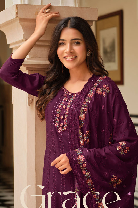 Purple Chinon Silk Salwar Suit With Kameez & Dupatta For Indian & Pakistani Wedding Festival - Mirror & Dori With Thread & Sequence Work