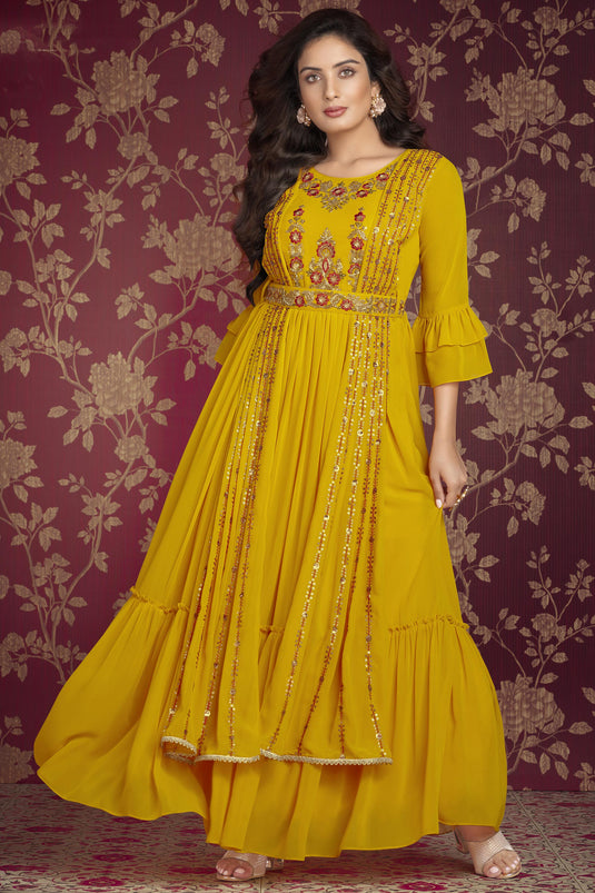 Merlot Georgette Fabric Yellow Color Embroidered Readymade Gown