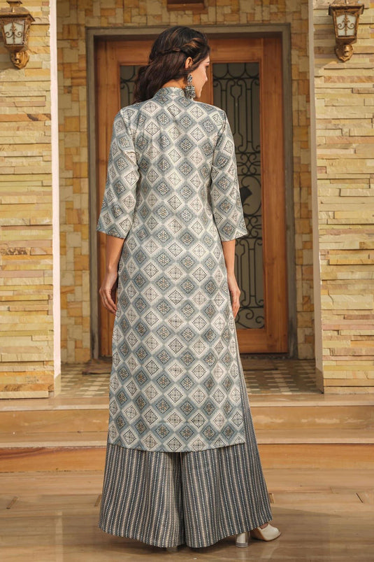 Marvellous Rayon Fabric Digital Printed Kurti Readymade With Bottom In Grey Color