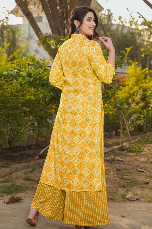 Attractive Rayon Fabric Yellow Color Kurti Readymade Bottom Set With Digital Printed Work