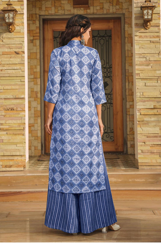 Digital Printed Work On Blue Color Rayon Fabric Riveting Kurti Readymade With Bottom