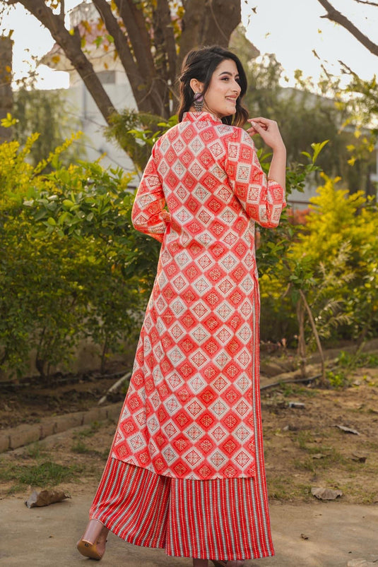 Rayon Fabric Red Color Pleasance Digital Printed Work Kurti Readymade With Bottom