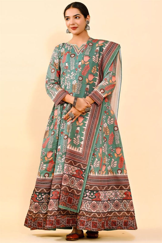 kalamkari Printed Sea Green Color Wonderful Art Silk Gown With Dupatta