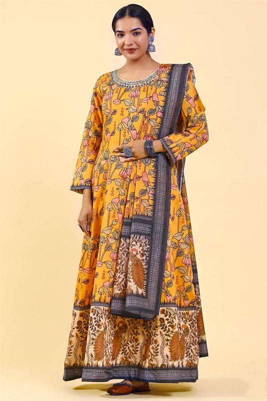 Art Silk Mustard Color kalamkari Printed Stunning Gown With Dupatta