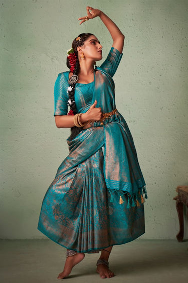 Cyan Color Georgette Fabric Ravishing Weaving Work Saree