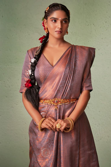 Grey Color Georgette Fabric Tempting Weaving Work Saree