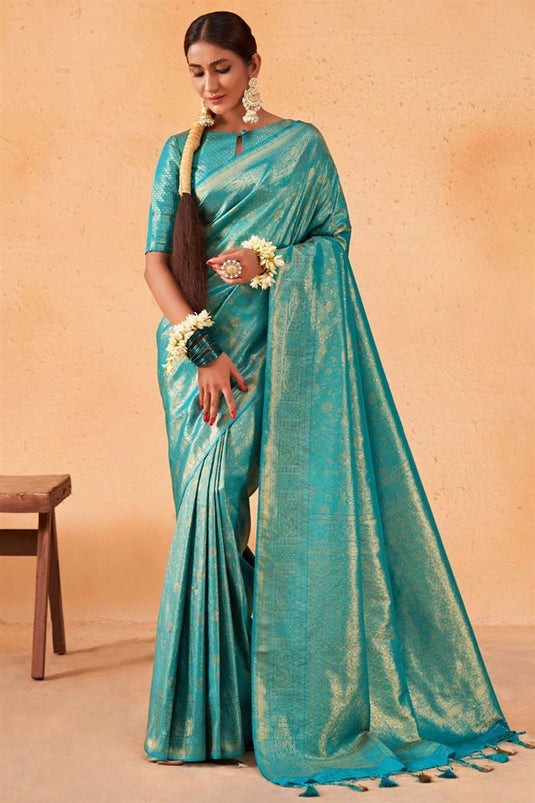 Engaging Cyan Color Art Silk Fabric Saree With Zari Weaving Work
