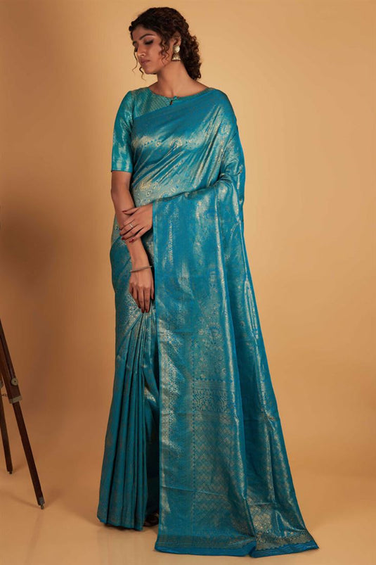 Kanjivaram Silk Cyan Color Imperial Weaving Work Two Tone Saree