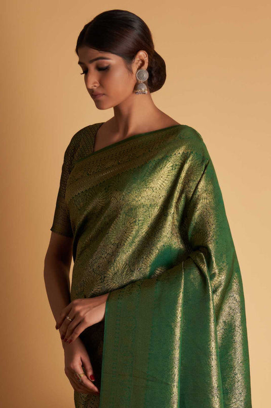 Dark Green Color Reception Wear Weaving Work Two Tone Kanjivaram Silk Fabric Saree