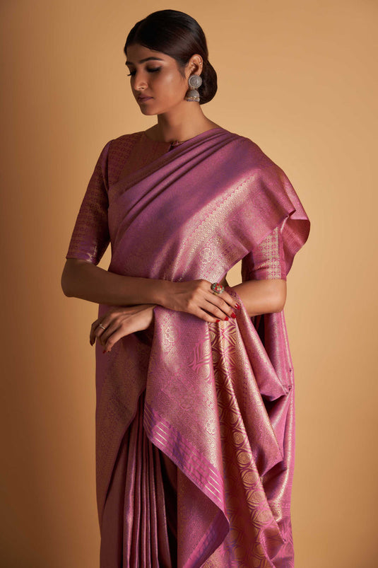 Two Tone Kanjivaram Silk Fabric Sangeet Wear Pink Color Weaving Work Saree