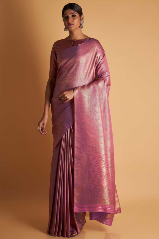 Two Tone Kanjivaram Silk Fabric Sangeet Wear Pink Color Weaving Work Saree