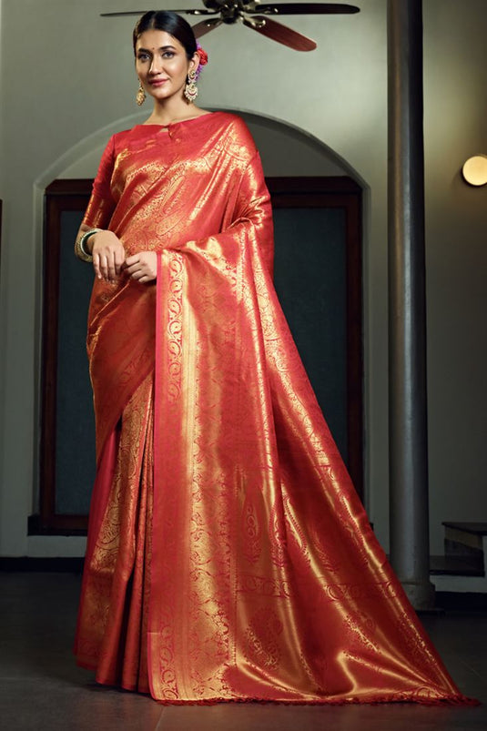 Red Color Adorning Kanjivaram Silk Two Tone Saree