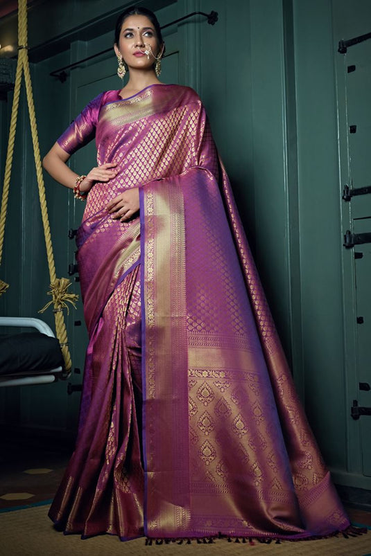 Purple Color Kanjivaram Silk Ingenious Saree With Weaving Work
