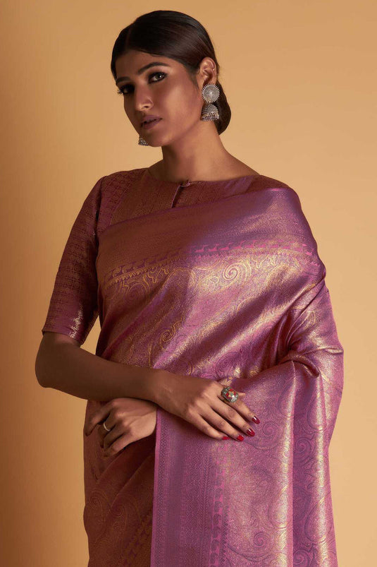 Pink Reception Wear Weaving Work Two Tone Kanjivaram Silk Fabric Saree