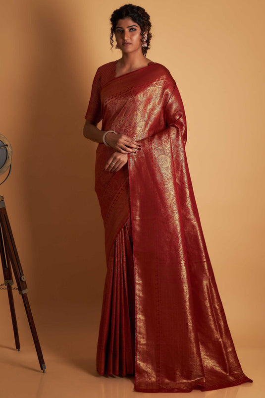 Maroon Reception Wear Two Tone Kanjivaram Silk Fabric Weaving Work Saree