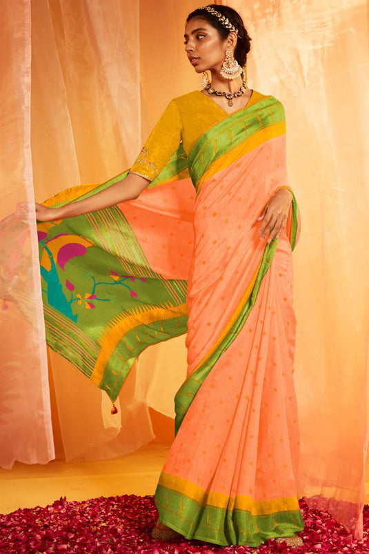 Attractive Peach Color Printed Brasso Silk Saree