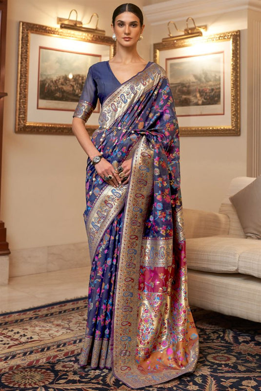 Airforce Blue Handloom Weaving Saree