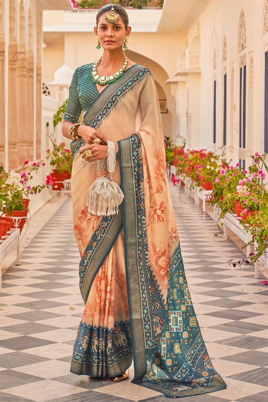 Floral Printed Function Wear Heavy Teal Color Art Silk Saree